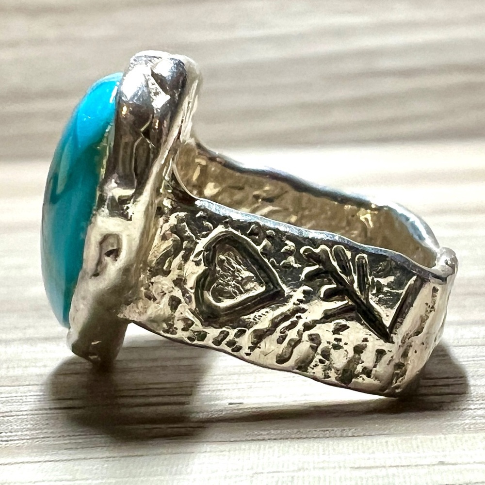 Designer Peyote Bird Square Sterling Silver Turquoise Heart Ring, Size 4.5 - Picture 3 of 10